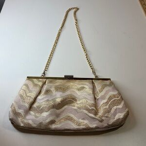 Lilly Pulitzer Gold Shimmer Cream Pink Clutch Bag w golden chain